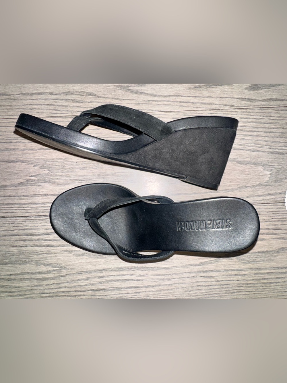 Steve Madden Black Suede Wedge Flip Flops